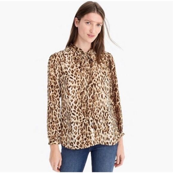 J.Crew Tops - J. Crew NWOT leopard print tie neck button up blouse shirt size XL